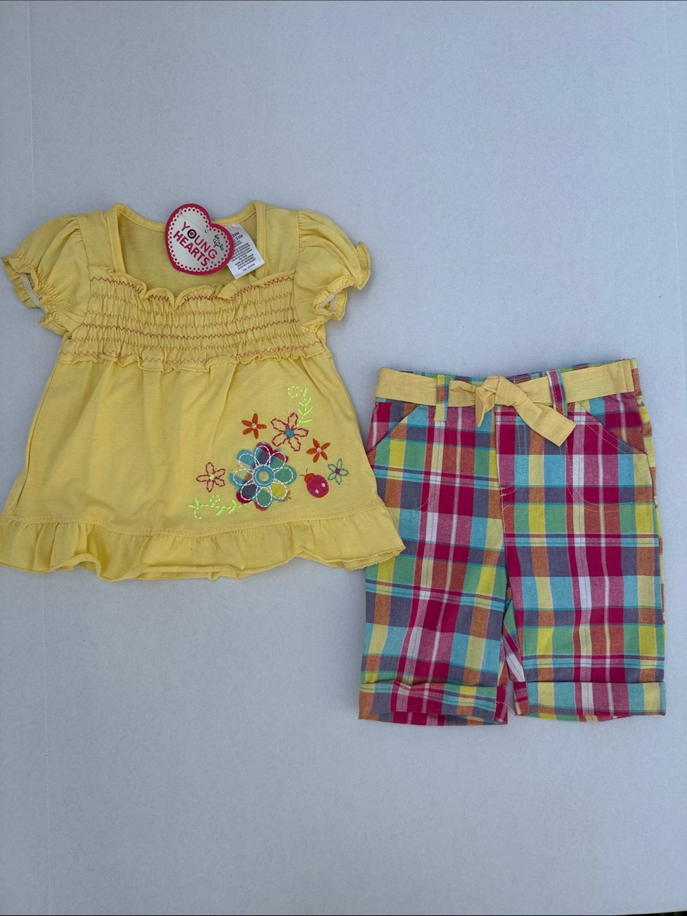 Yellow Floral Smocked Top & Plaid Shorts Kids Matching Set size 24M